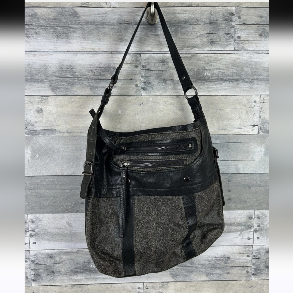 Marc New York Black Leather and Gray Patterned Shoulder/Crossbody Bag